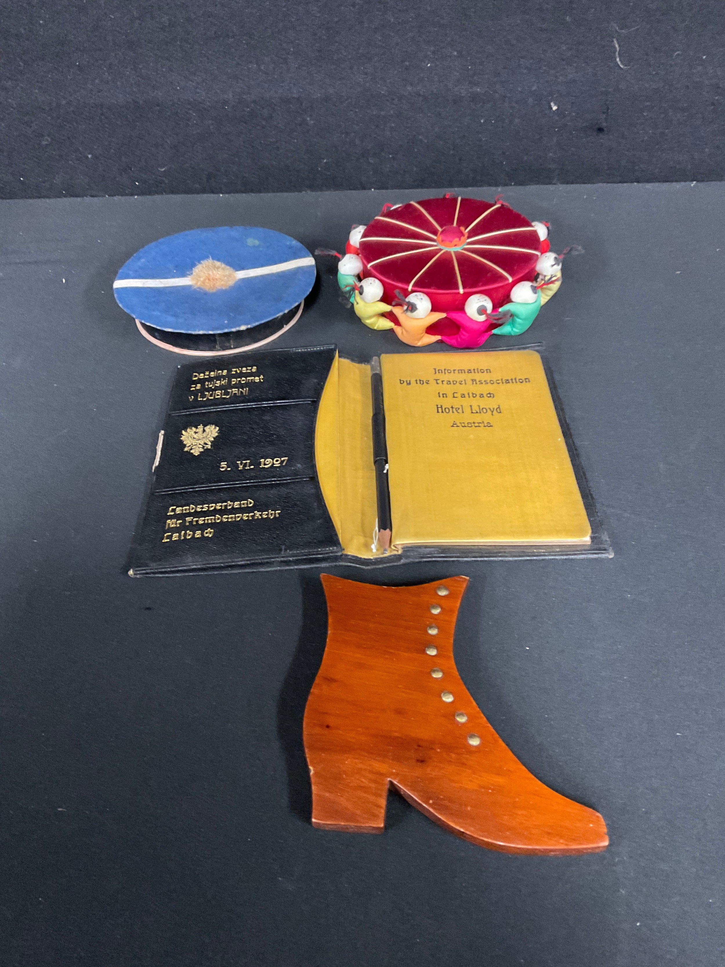 A French Sailor's hatbox, 'Juan Les Pins'' a Chinese figure box; a Victorian wooden boot; Hotel