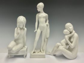 A Royal Dux figure group, mother and child, glazed throughout in gloss white, 20cm, pink triangle