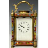 A large cloisonné enamel carriage clock, 17cm high excluding handle
