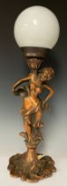 An Art Deco style cast bronze effect female figurine lamp, 27cm high