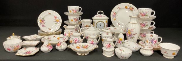 A Royal Crown Derby Posies pattern mantel clock, lobed ovoid vase, set of six teacups, saucers and
