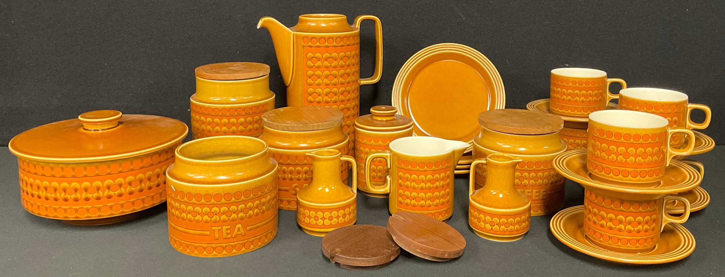 A Hornsea Saffron pattern coffee pot and cover, six cups and six saucers, four side plates, Tea