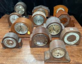 Clocks - early to mid 20th century tambour mantel clocks, various makers, timbers and forms (12)