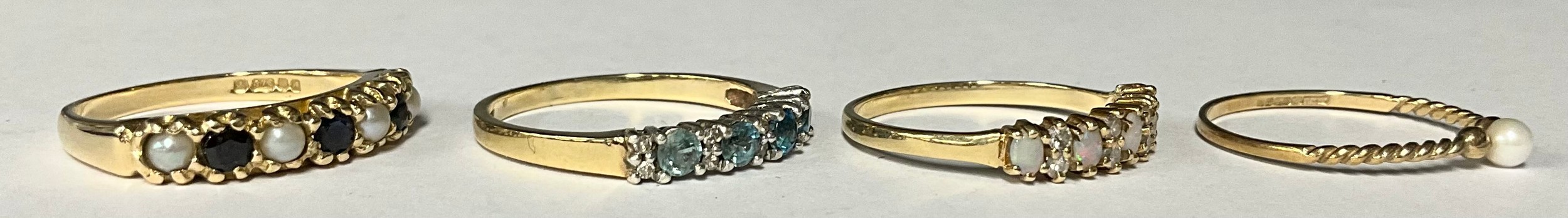 A 9ct gold sapphire and seed pearl ring, size P, marked 375, 2.3g; three other 9ct gold rings, set - Image 2 of 2