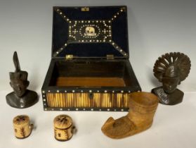 A late 19th century porcupine quill box and cover, inlaid with bone roundels, 21cm wide; a pair of