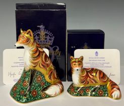 A pair of Royal Crown Derby paperweights, Devonian Vixen and Devonian Fox Cub, Goviers' exclusive