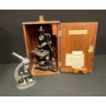 A W Watson & Sons Ltd microscope, Service, serial number 100897, fitted mahogany case with further