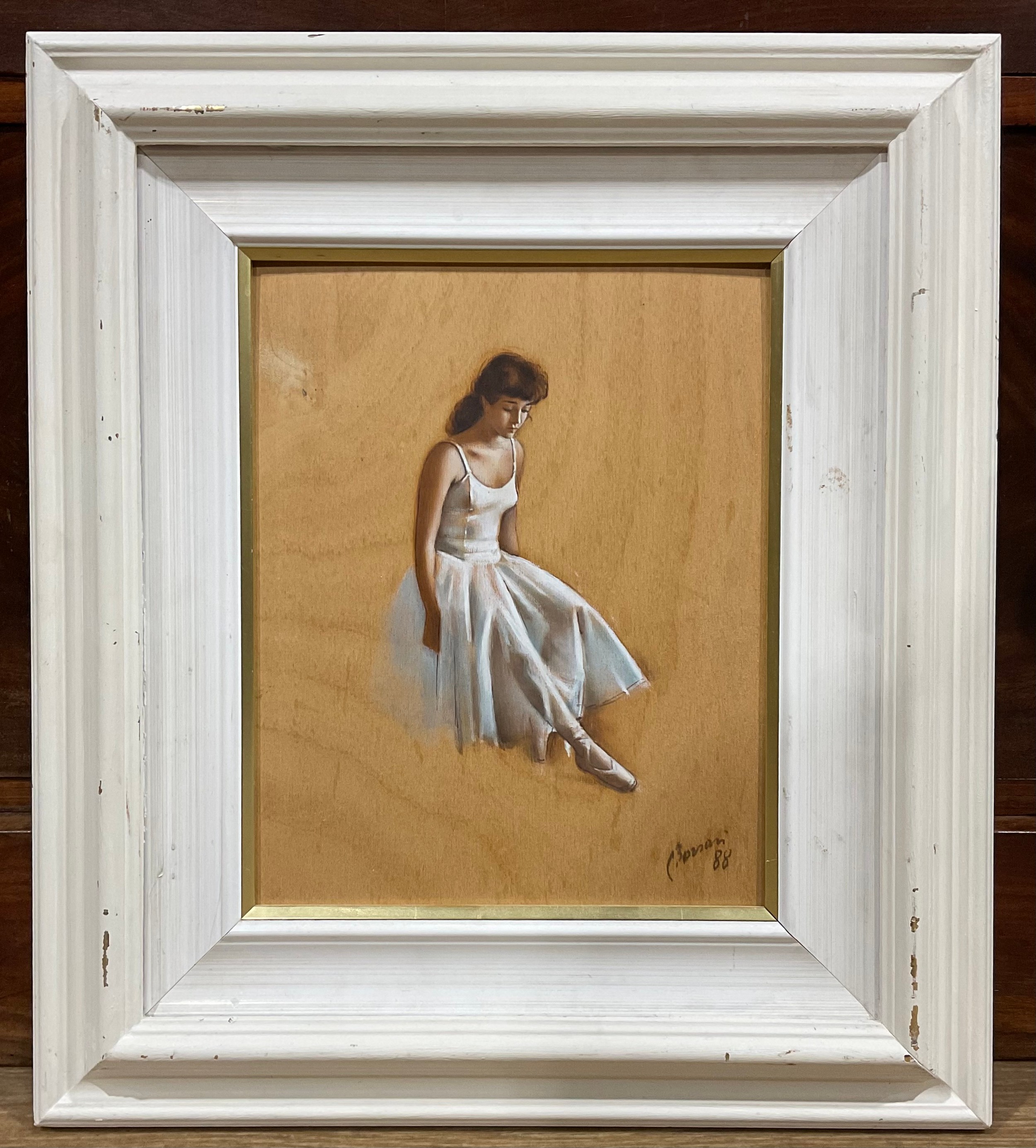 Italian School, Carlo Bossani Seated Ballerina signed, dated 1988, oil on wood, inscribed and signed - Image 2 of 3