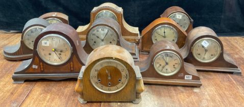 Clocks - early to mid 20th century tambour mantel clocks, various makers, timbers and forms (10)