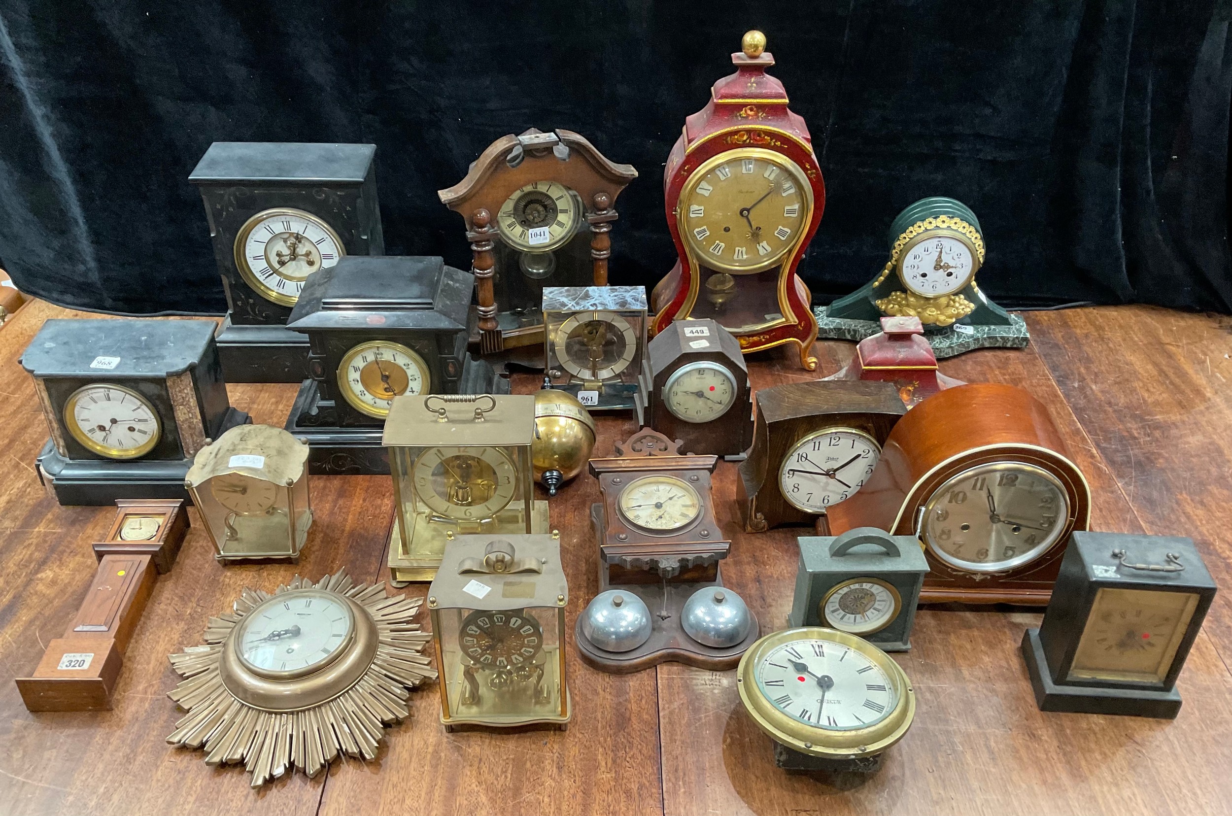 Clocks - various, Louis XV style, Bulle electric, black slate, etc (qty)