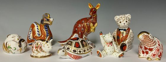 A Royal Crown Derby paperweight, Kangaroo and Joey, 15cm, silver stopper; others, Bow Tie Bear,