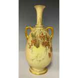 A Royal Worcester Blush Ivory bottle vase, pair of gilt handles, slender elongated neck, printed and