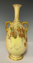 A Royal Worcester Blush Ivory bottle vase, pair of gilt handles, slender elongated neck, printed and