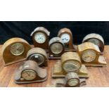 Clocks - early to mid 20th century tambour mantel clocks, various makers, timbers and forms (10)