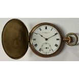 A gold plated hunter pocket watch, Thos. Russell & Son, Liverpool, white enamel dial, Roman