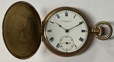 A gold plated hunter pocket watch, Thos. Russell & Son, Liverpool, white enamel dial, Roman