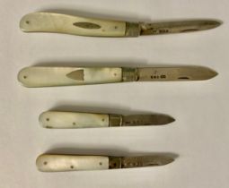 Penknives - four silver bladed penknives, mother of pearl hafts, hallmarked, Sheffield and