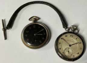 A continental silver and black enamel open face pocket watch, Union Horlogère, the case with