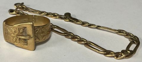 A Victorian buckle ring, size U, unmarked probably 9ct, cut through, 5.6g; a 9ct gold bracelet,