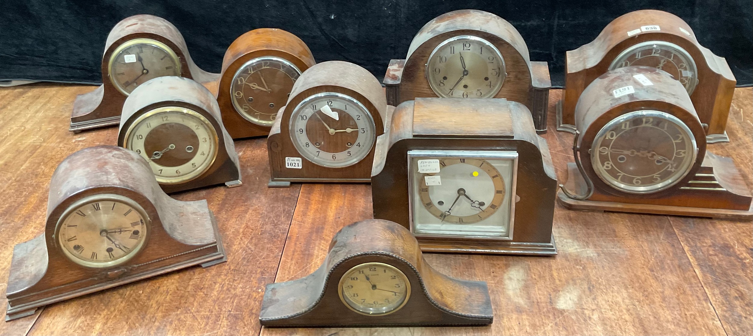 Clocks - early to mid 20th century tambour mantel clocks, various makers, timbers and forms (10)