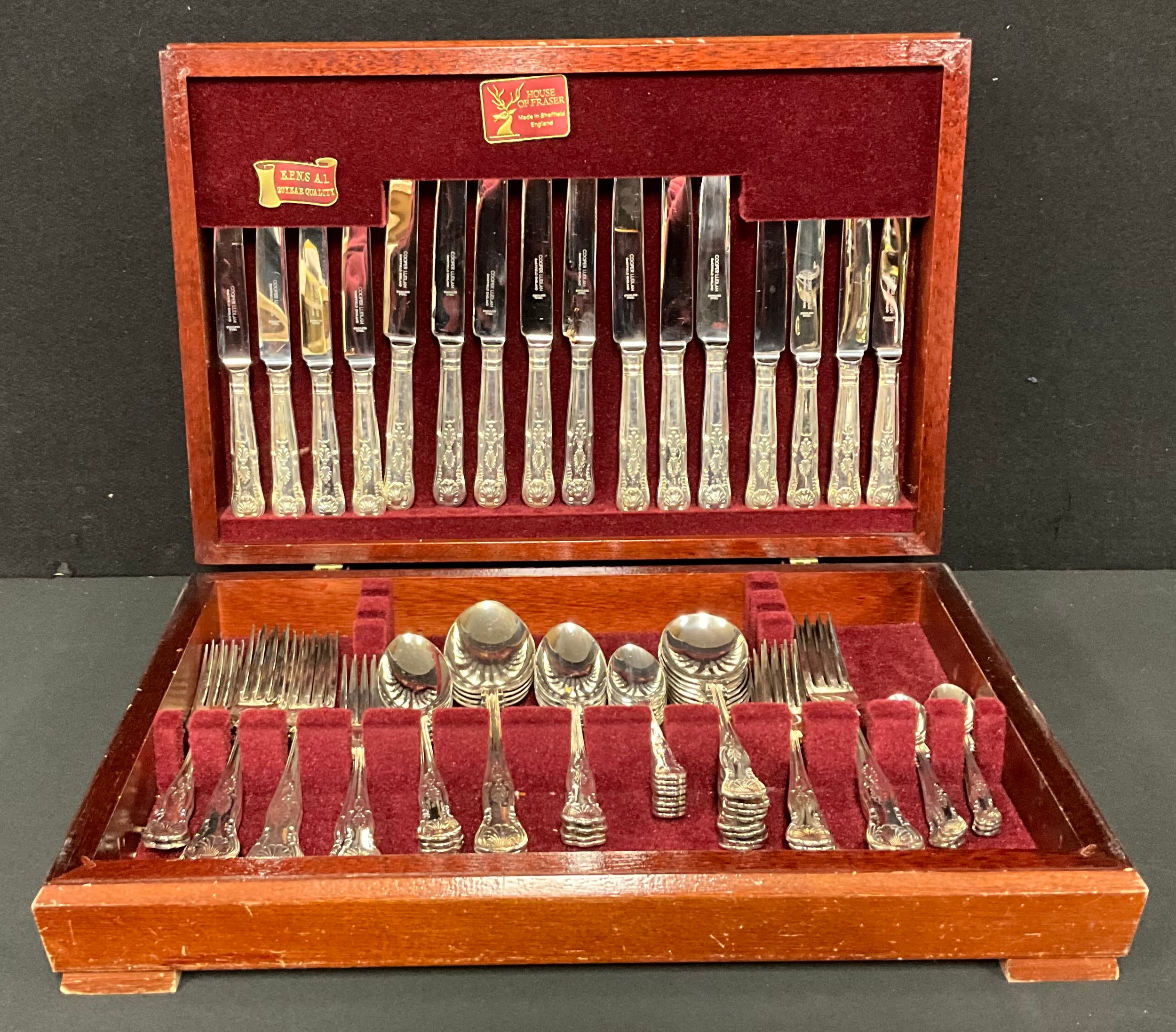 A set of stainless steel and EPNS Kings pattern flatware, mahogany canteen case, 48cm wide