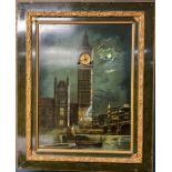 An early 20th century rectangular novelty wall clock, depicting a moonlit 'Big Ben' and the River