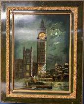 An early 20th century rectangular novelty wall clock, depicting a moonlit 'Big Ben' and the River