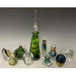 An art glass slender elongated bottle vase and stopper, in swirls of green and yellow, 39.5cm; other
