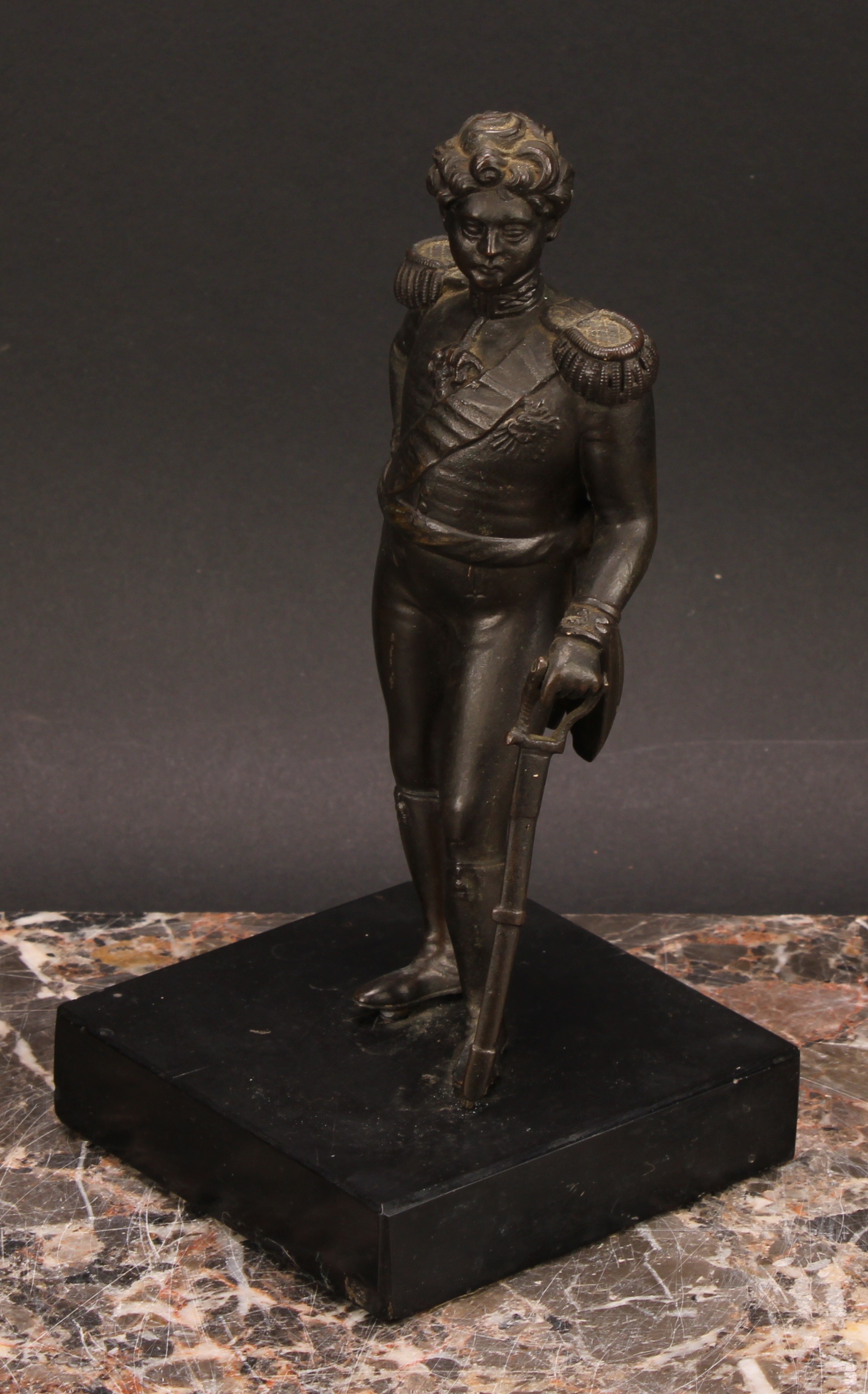 English School (19th century), a dark patinated bronze, King George IV, black marble base, 18.5cm - Image 4 of 5