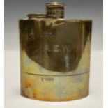 A George V silver hipflask, hinged screw cover, monogrammed, 10.5cm, G & JW Hawksley, Sheffield