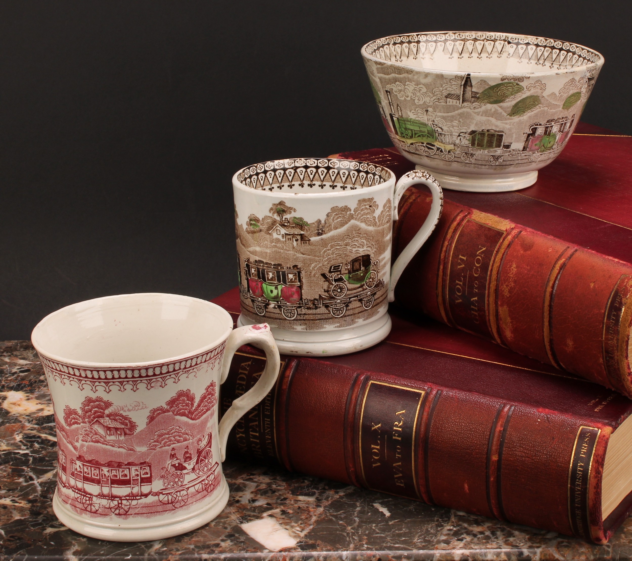 Railway Interest - steam locomotives, a 19th century Staffordshire pearlware mug, printed in sepia