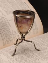 A Derbyshire Blue John egg shaped specimen vase, silver plated tripod stand, 11cm high, 19th century