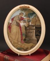 A George III needlework picture, Fame at the tomb of Shakespeare, after Angelica Kauffman, oval,