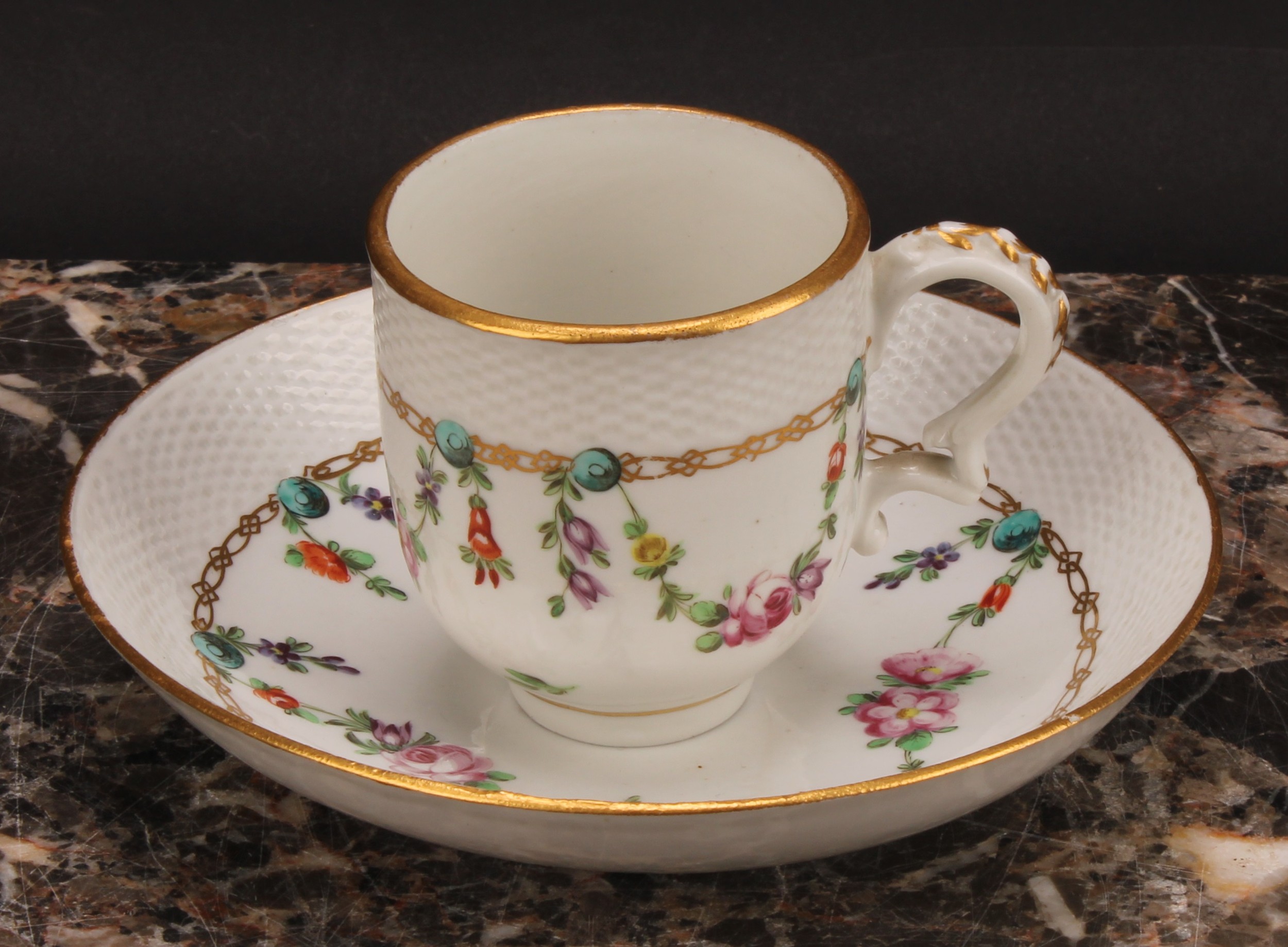 A Bristol coffee cup and saucer, basket weave moulded border, enamelled with polychrome swags - Image 2 of 9