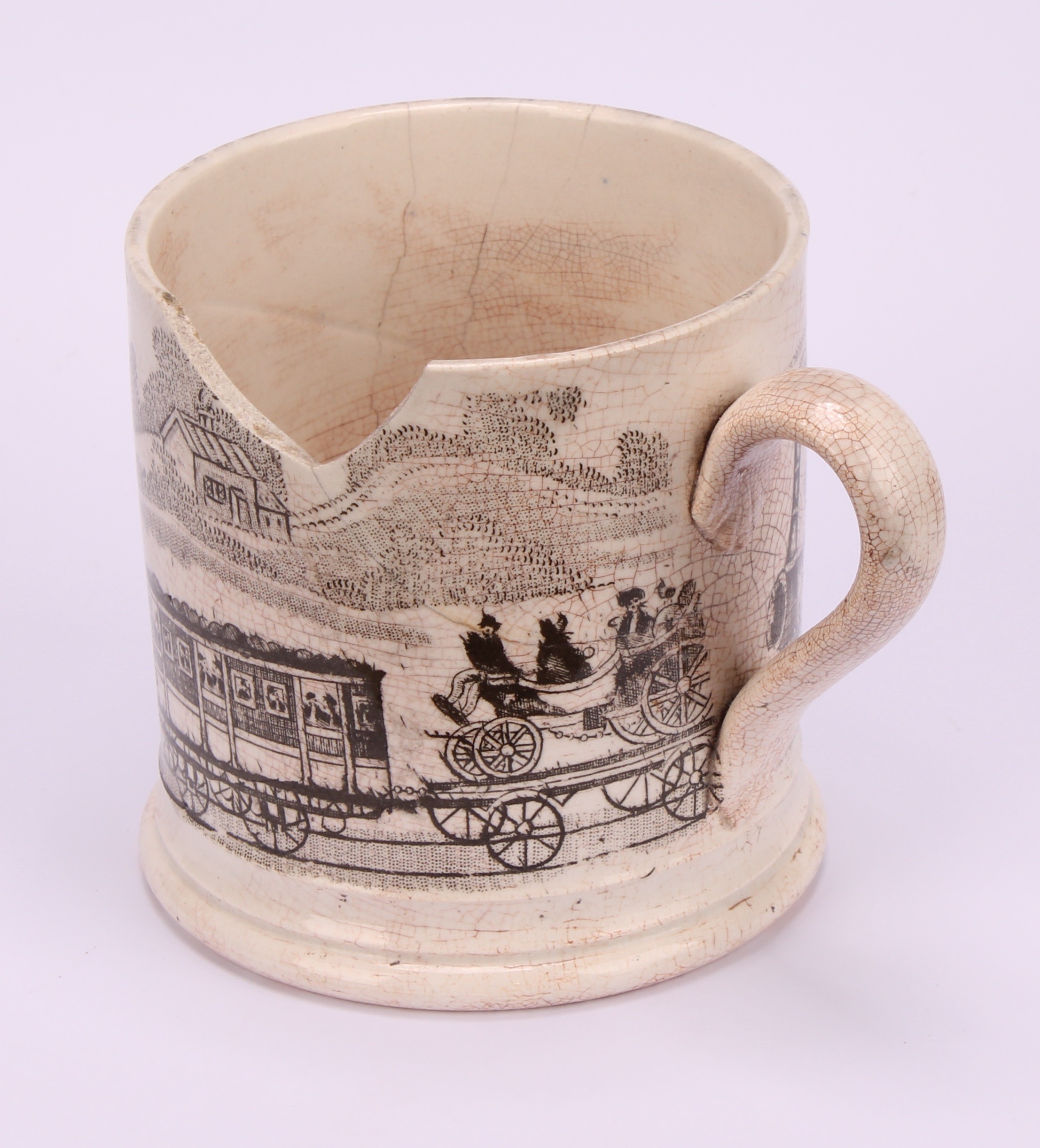 Railway Interest - steam locomotives, a 19th century Staffordshire pearlware mug, printed in sepia - Image 6 of 10