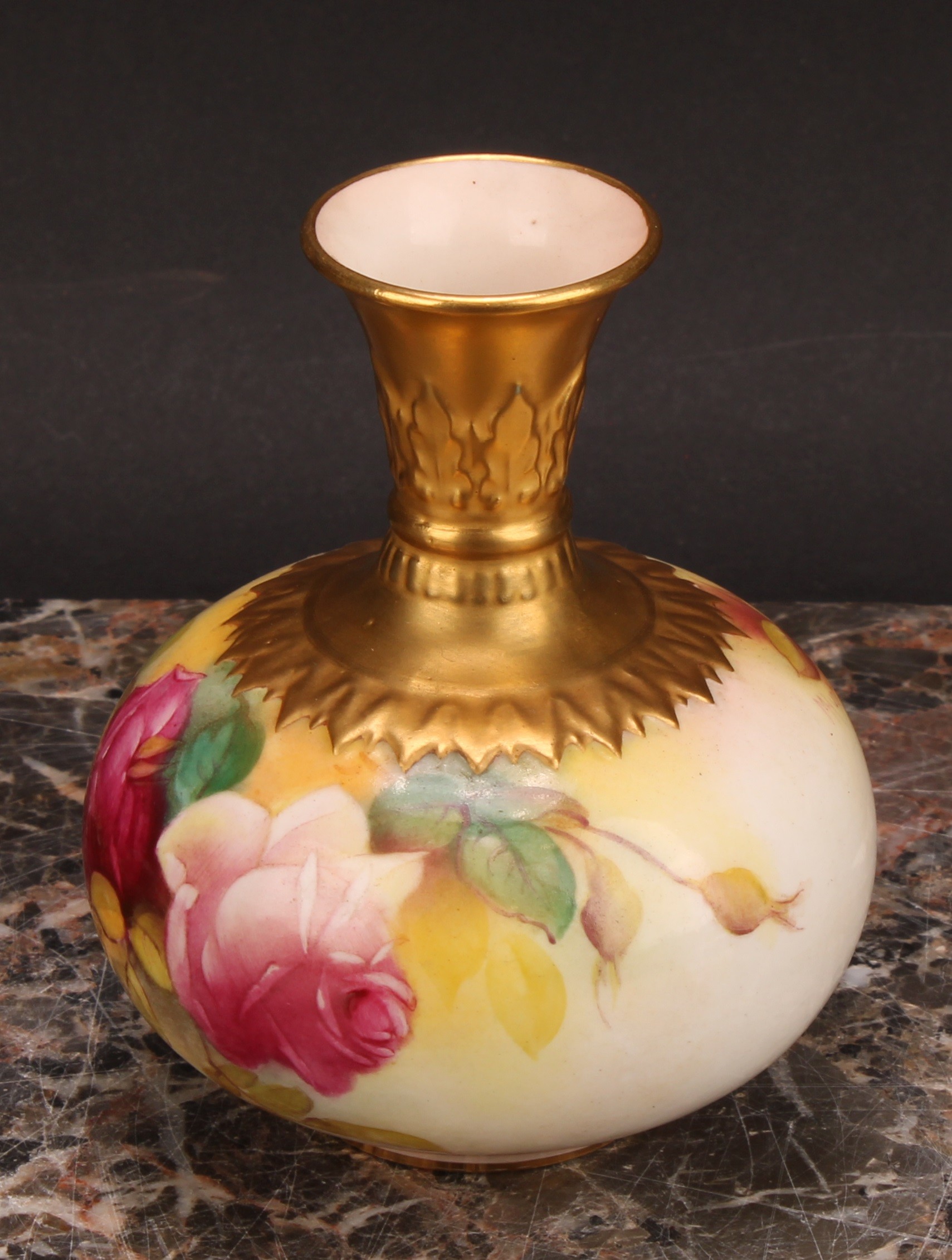 A Royal Worcester compressed ovoid vase, painted by M. Hunt, signed, with Hadley style roses, gilt - Image 3 of 6