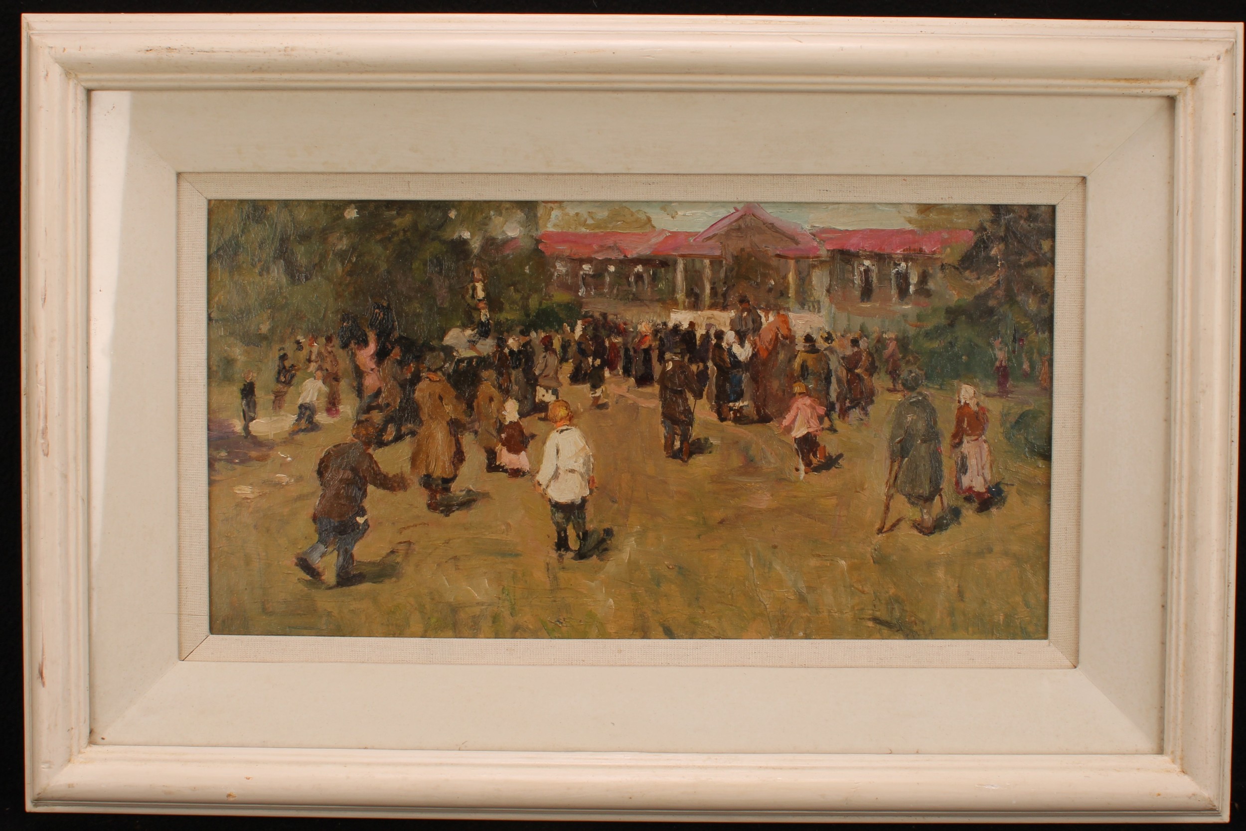 Soviet School (20th century) A Commotion, oil on board, 22cm x 40cm - Image 2 of 3