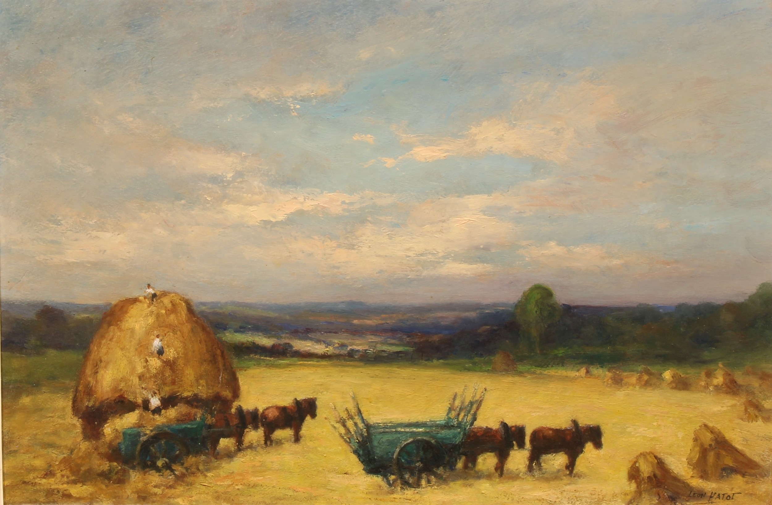 Leon Hatot (20th century) Haymaking, signed and dated, oil on hardboard, 48cm x 71cm