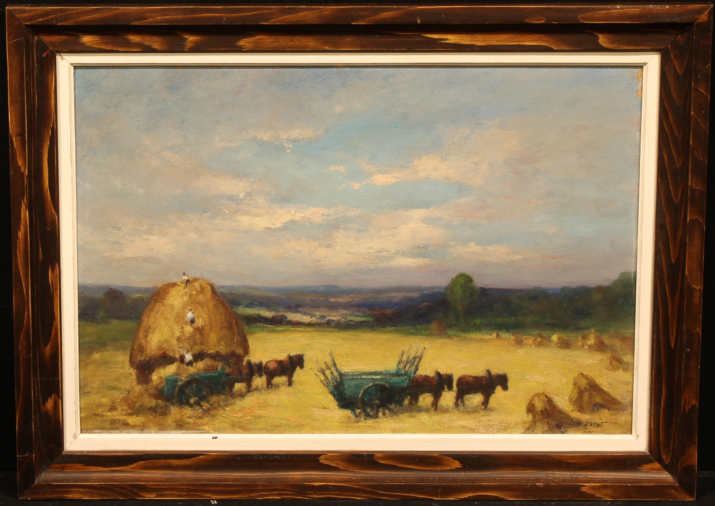 Leon Hatot (20th century) Haymaking, signed and dated, oil on hardboard, 48cm x 71cm - Image 2 of 4