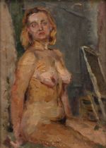 Soviet School (20th century) Portrait of a Female Nude, oil on board, 36.5cm x 26cm