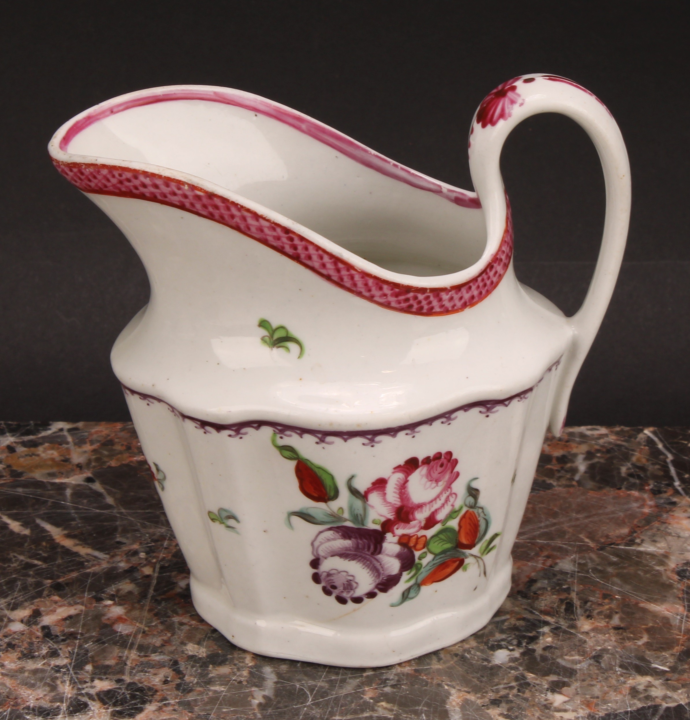 A Newhall helmet shaped cream jug, painted with scattered flowers, the interior with stylised floral - Image 5 of 12