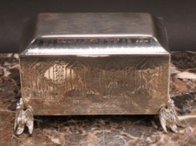 A Victorian silver table casket, bright-cut engraved with pointed arched panels and fruiting leafy