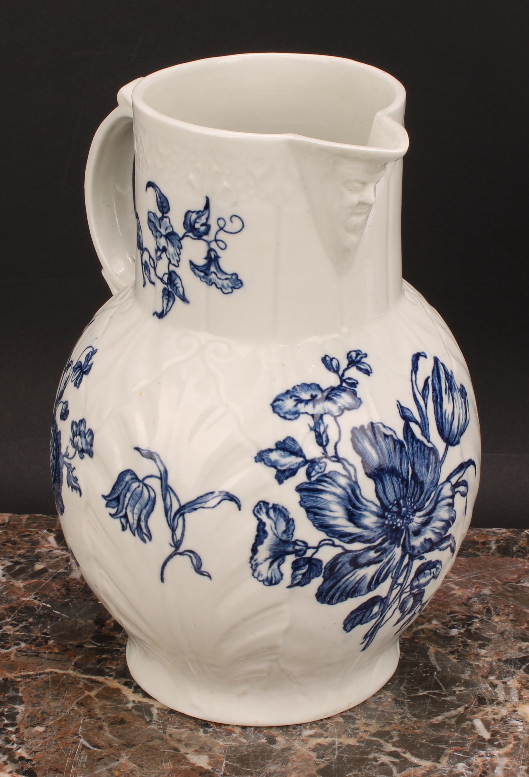 A rare Worcester cabbage leaf jug, moulded with overlapping leaves, bearded mask spout, decorated in - Image 3 of 6