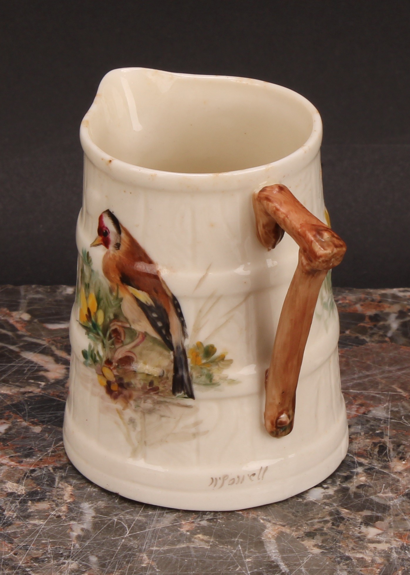 A Royal Worcester barrel shaped jug, painted by W. Powell, signed, with a Goldfinch, 7cm high, - Image 4 of 13