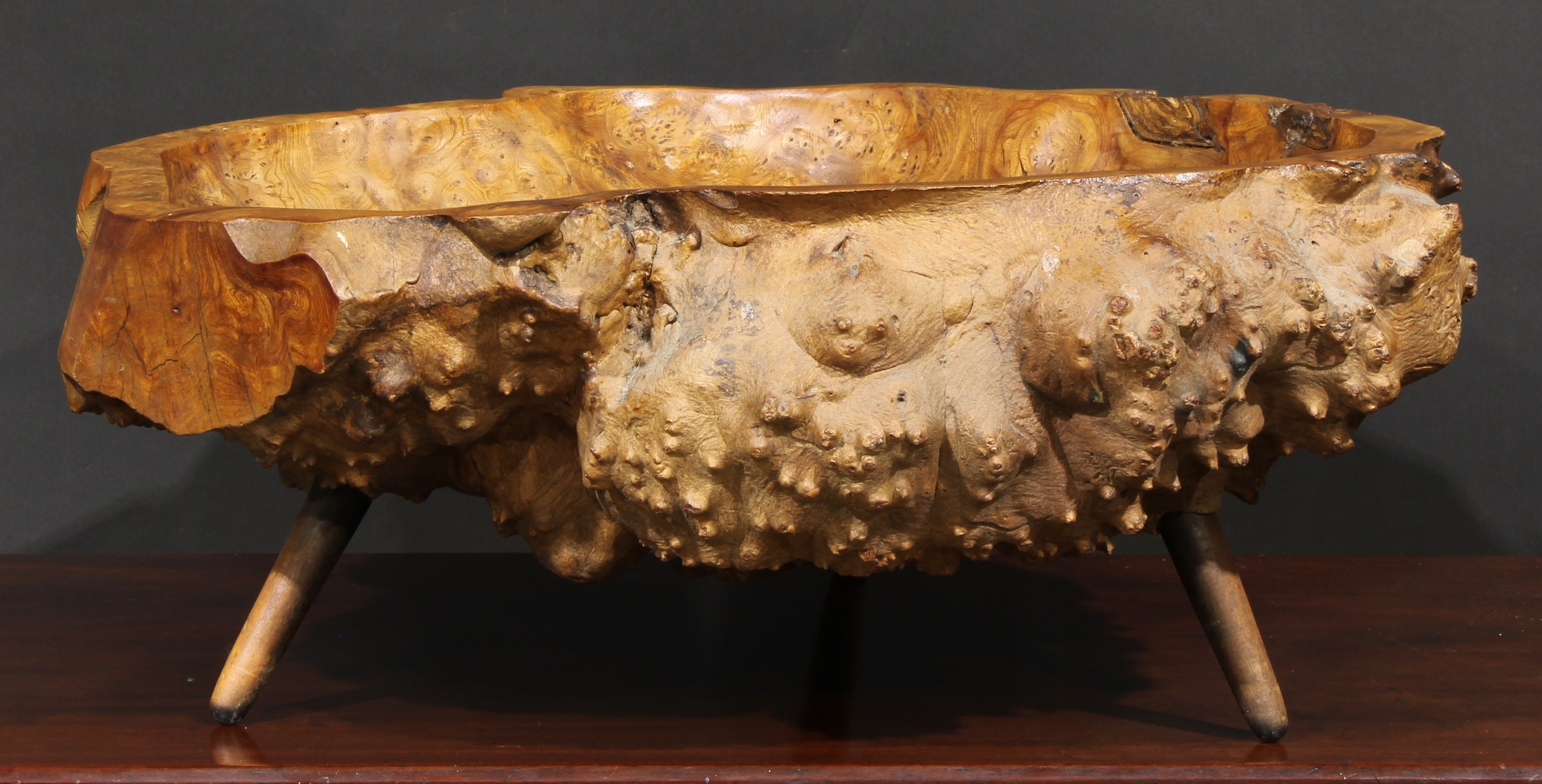 A large burr elm table centre bowl, of natural irregular shape, outswept legs, 62cm wide - Image 2 of 3