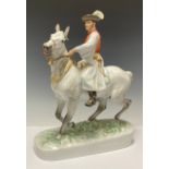 A large Herend porcelain figure by Markup Bela, man on horseback in traditional Hungarian dress,