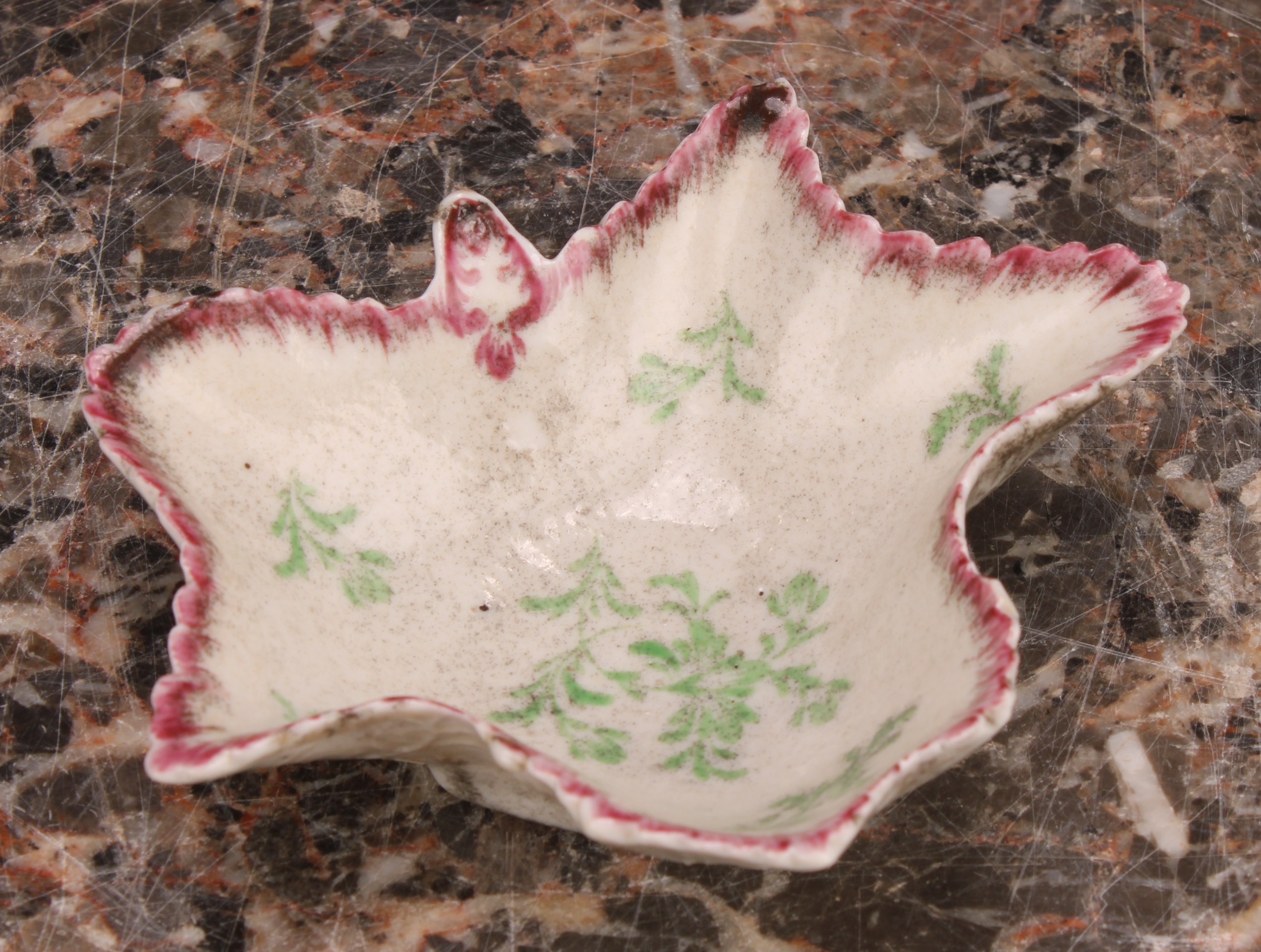 A rare early Plymouth leaf shaped pickle dish, painted in polychrome with scattered green leaves - Image 3 of 4