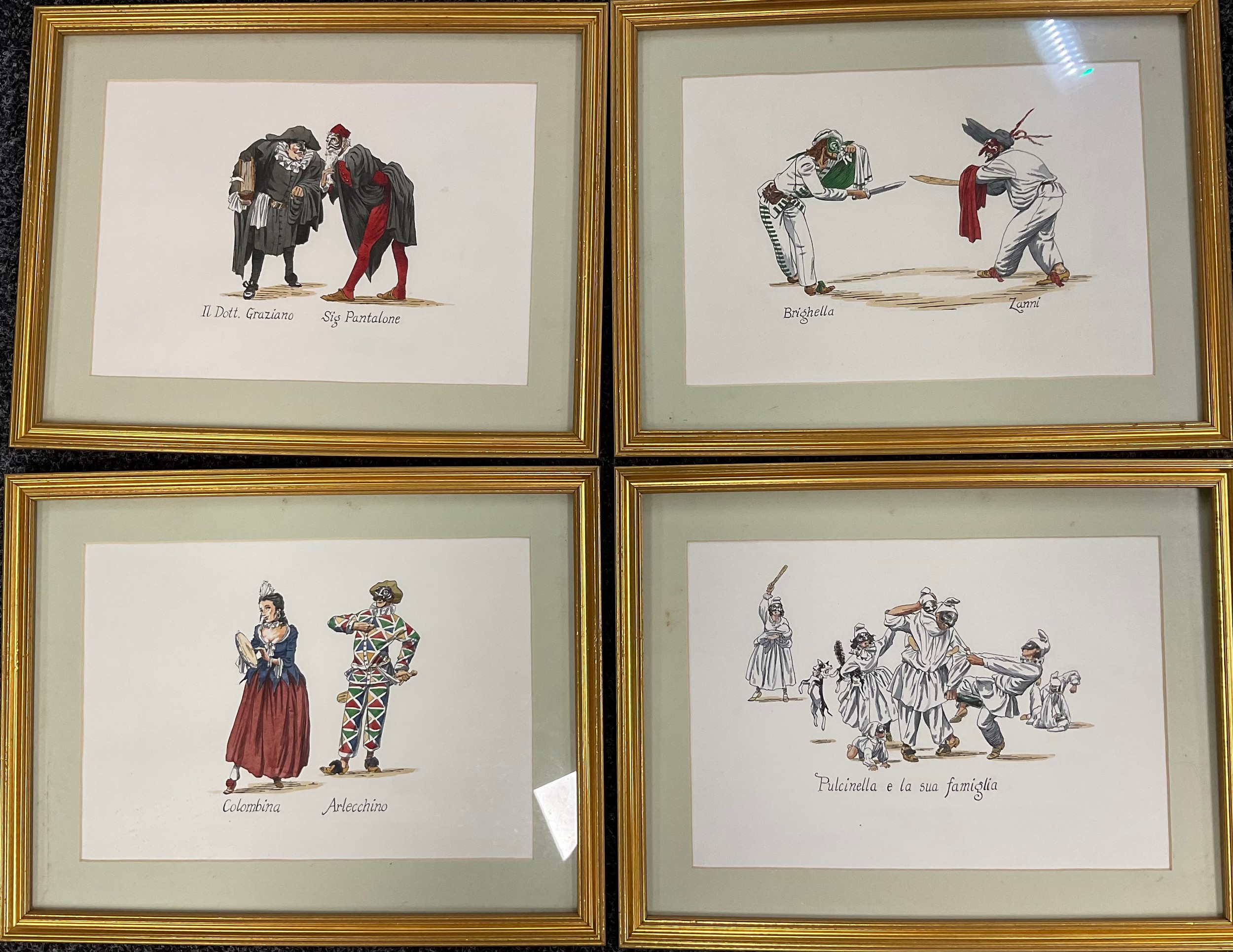 A set of four Italian style aquatint engravings, Commedia dell'arte, including Columbine and