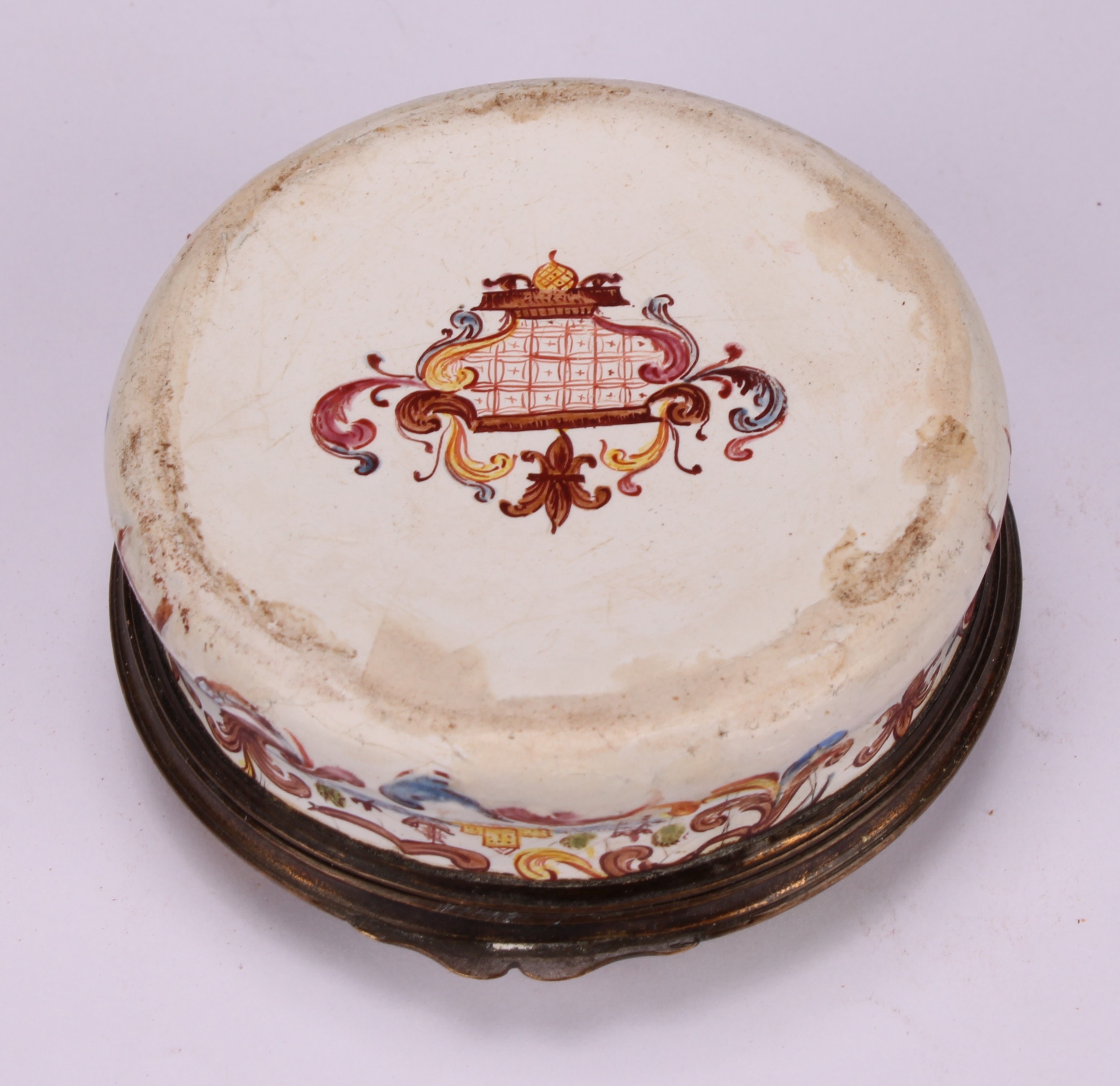 A George III South Staffordshire enamel circular table snuff box, hinged cover painted with - Image 5 of 5