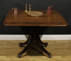 A George IV oak breakfast table, rounded rectangular tilting top with moulded edge, turned column,